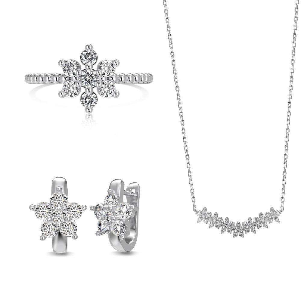 “Frost Étoile” S925 Sterling Silver Snowflake Zircon Jewelry Set (Necklace, Earrings & Ring)