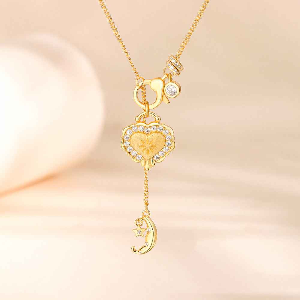 “Moonlit Heartfall” 925 Sterling Silver Star Moon Heart Pendant Necklace