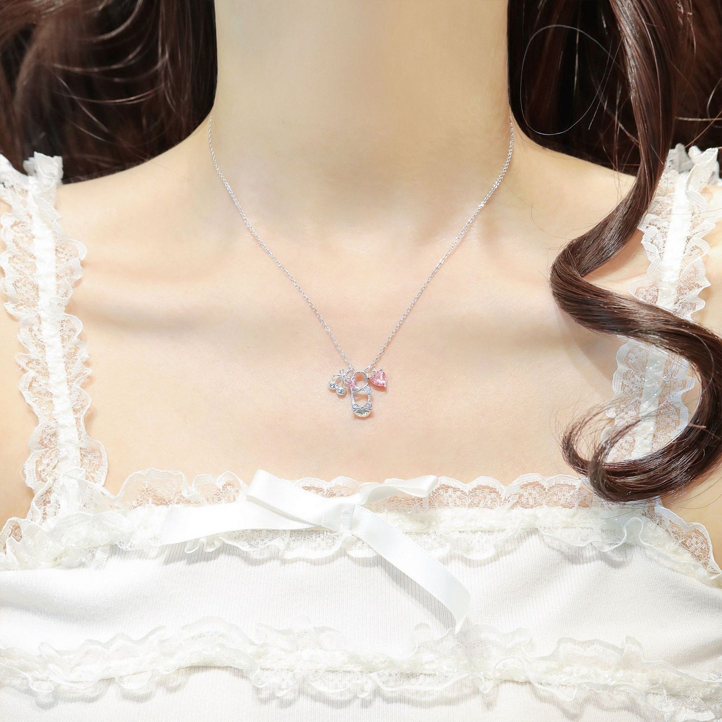 “Ballet Whimsy” S925 Sterling Silver Pink Crystal Ballet Charm Necklace
