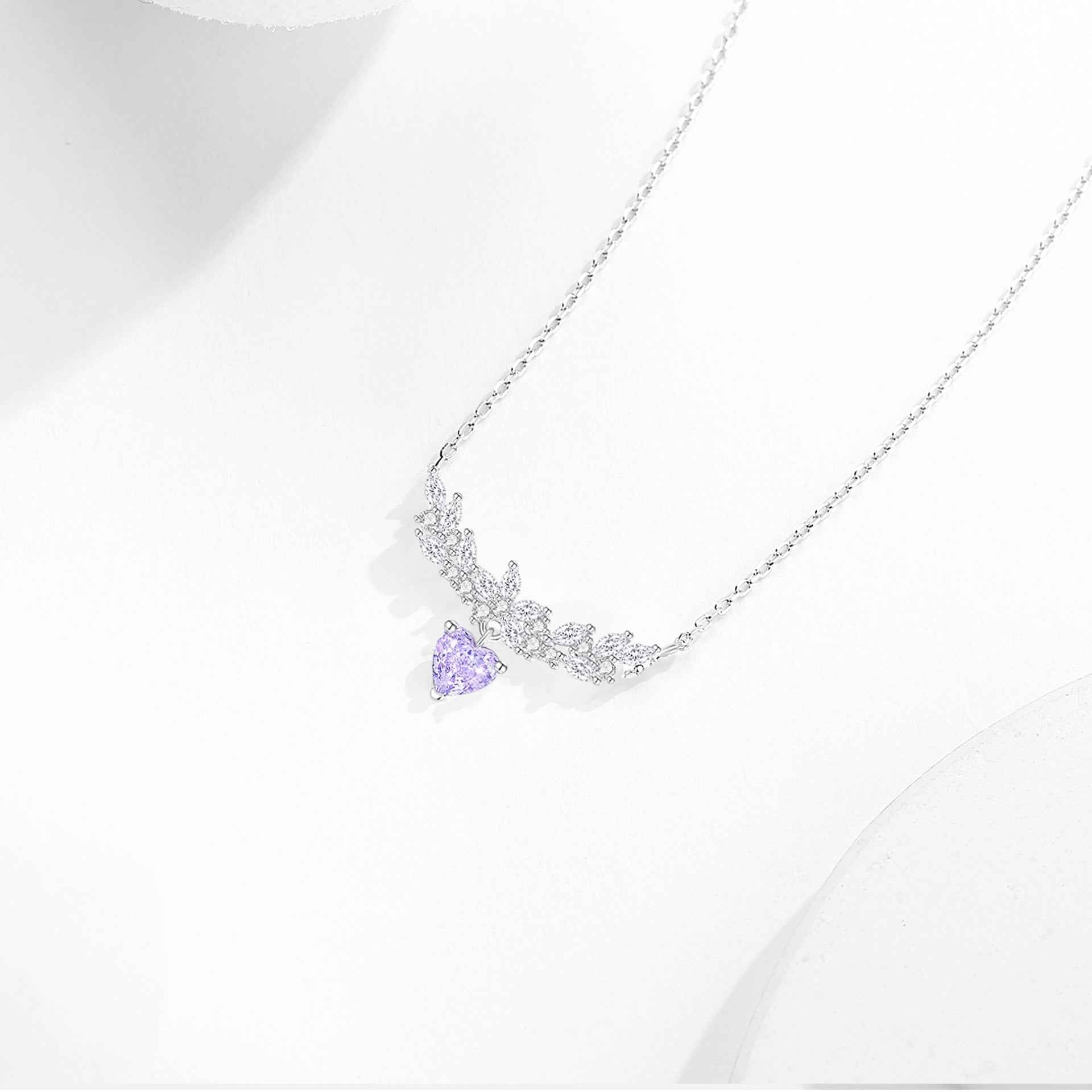 “Wisteria Grace” 925 Sterling Silver Iced-Cut Purple Heart Pendant Necklace
