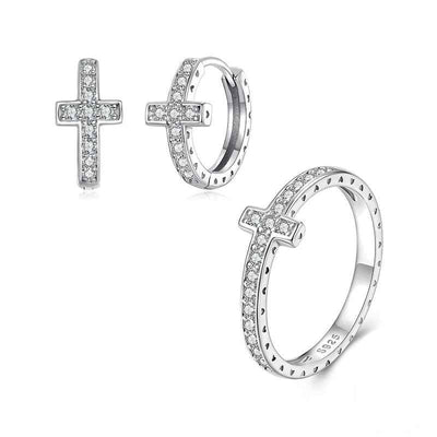 “Radiant Cross” 925 Sterling Silver Moissanite Cross Ring & Earrings Set