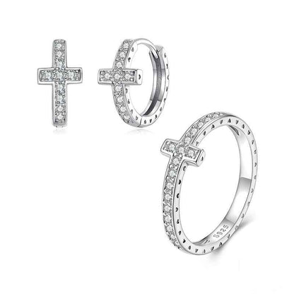 “Radiant Cross” 925 Sterling Silver Moissanite Cross Ring & Earrings Set