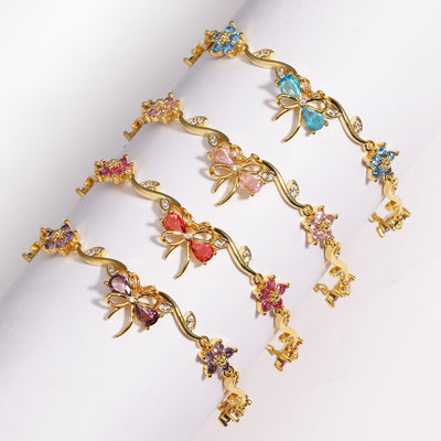 Belle Noeud Brass Genuine Gold-Plated 3A Zircon Bow Floral Bracelet