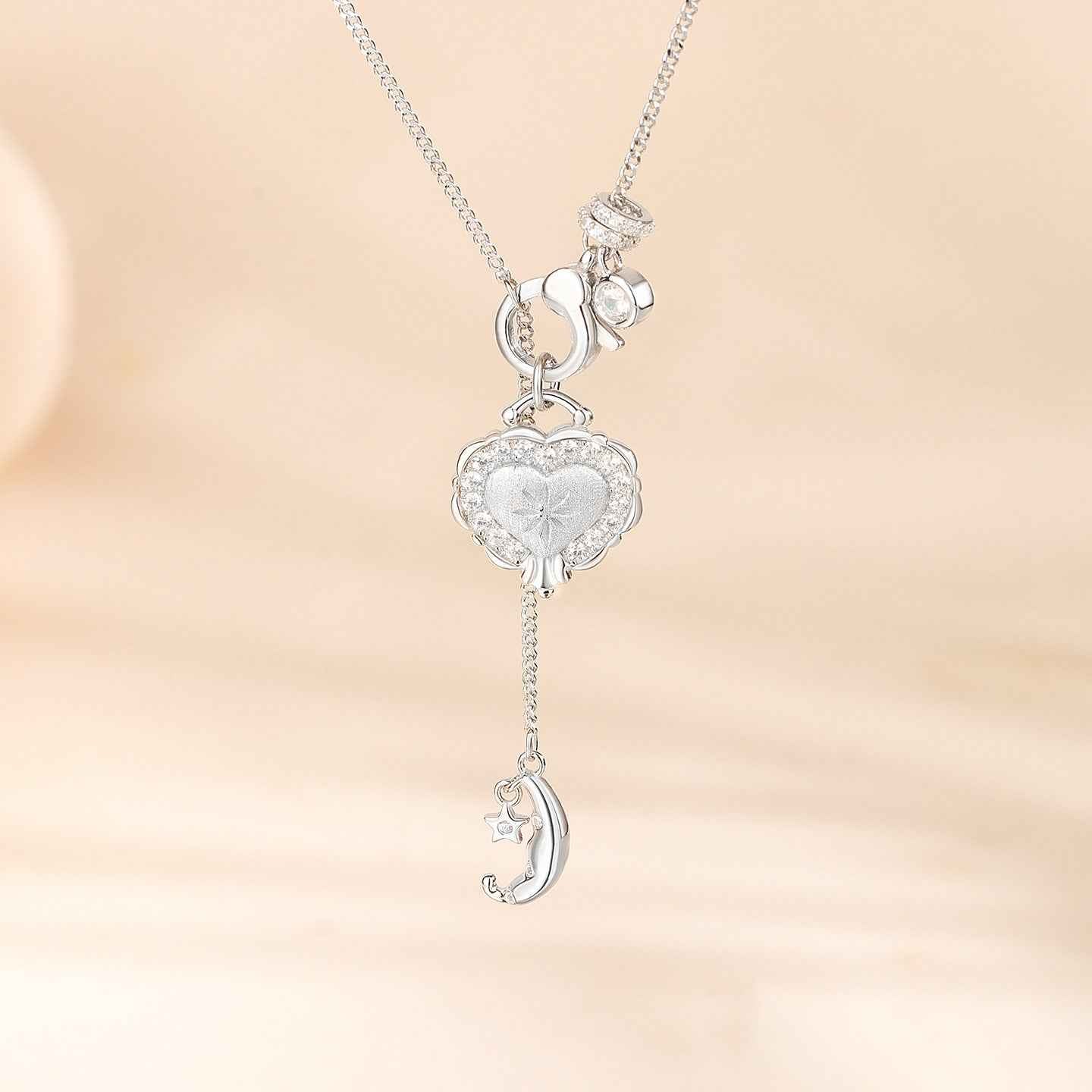 “Moonlit Heartfall” 925 Sterling Silver Star Moon Heart Pendant Necklace