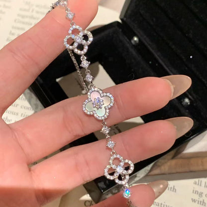 "Frosted Clover" 925 Sterling Silver Mother-of-Pearl Four-Leaf Bracelet