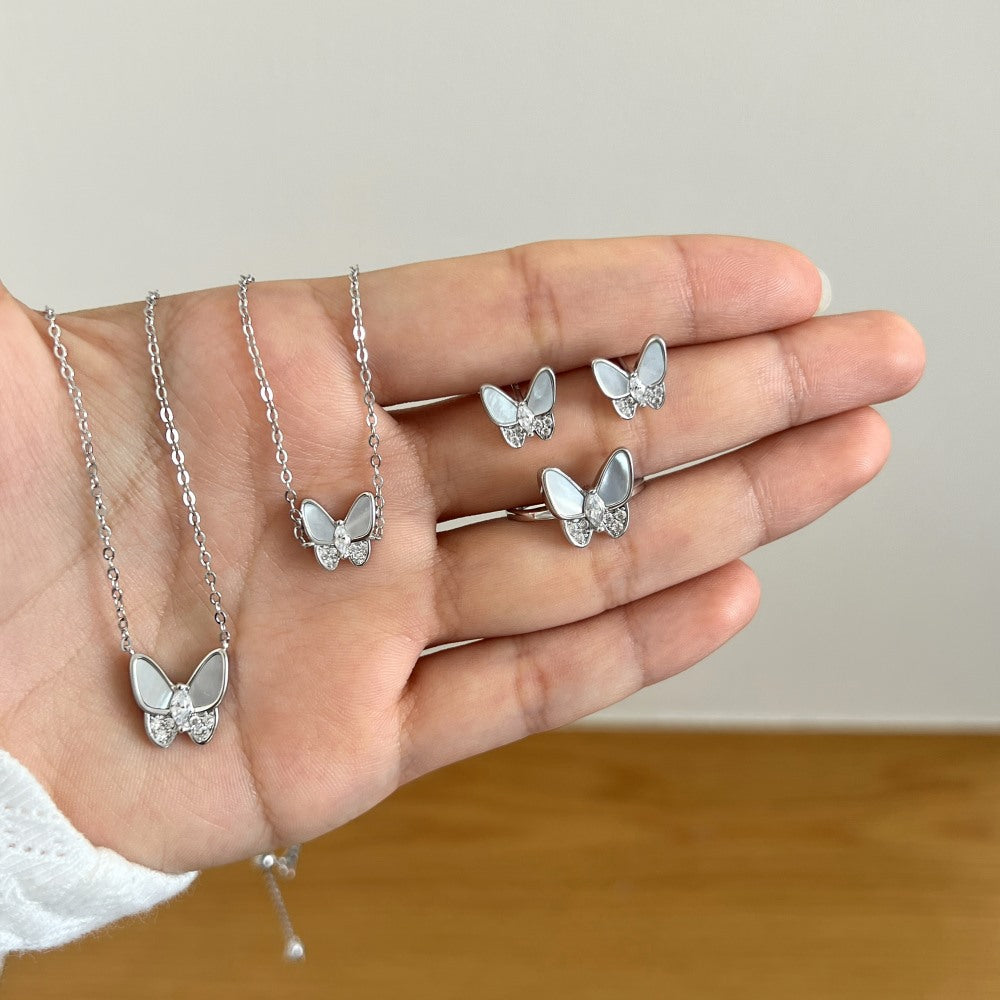 “Lumière Papillon” S925 Sterling Silver Mother-of-Pearl Butterfly Jewelry Set (Necklace, Bracelet, Earrings & Ring)