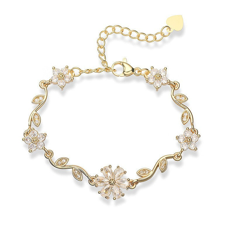 “Blossom Vine” Gold-Tone Brass Multicolor Zircon Flower Bracelet