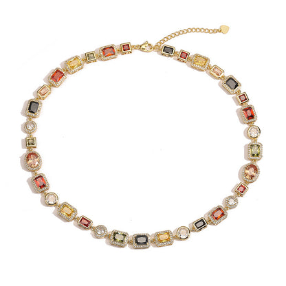 Imperial Mosaic Brass Genuine Gold-Plated 3A Multicolor Zircon Geometric Necklace & Bracelet Set