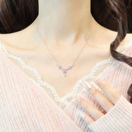“Sakura Kitty” 925 Sterling Silver Pink Zircon Cat Necklace & Bracelet Set