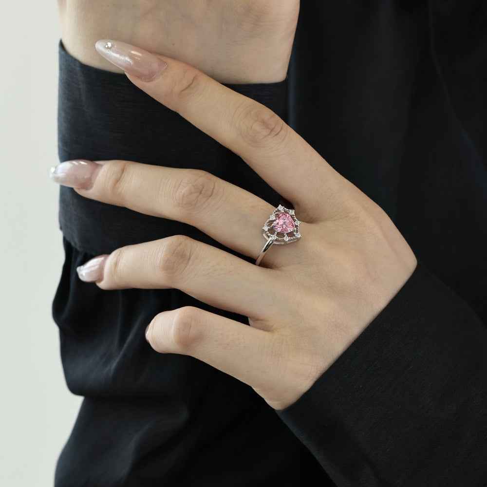 “Fairy Lace Heart” 925 Sterling Silver Pink Heart Halo Ring