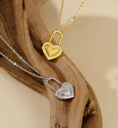 “Heartlock Grace” 925 Sterling Silver Micro Pavé Heart Lock Necklace