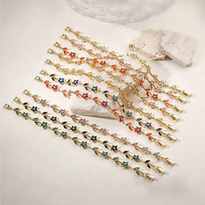 “Camellia Vine” Gold-Tone Brass Multicolor Zircon Flower Bracelet
