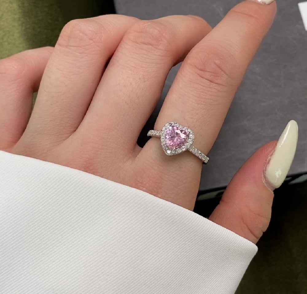 “Halo Blossom Heart” 925 Sterling Silver Pink Heart Halo Ring