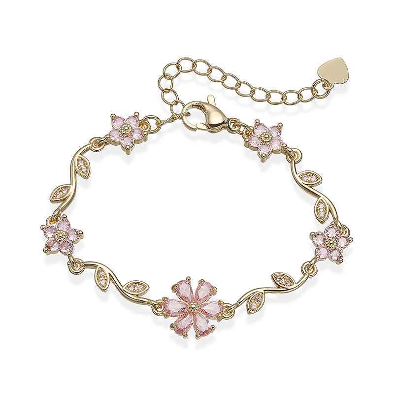 “Blossom Vine” Gold-Tone Brass Multicolor Zircon Flower Bracelet