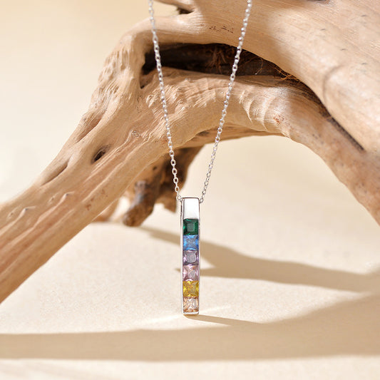 “Prism Column” 925 Sterling Silver Multicolor Zircon Bar Necklace