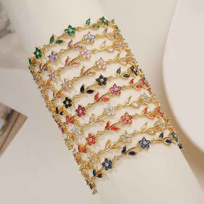 “Camellia Vine” Gold-Tone Brass Multicolor Zircon Flower Bracelet