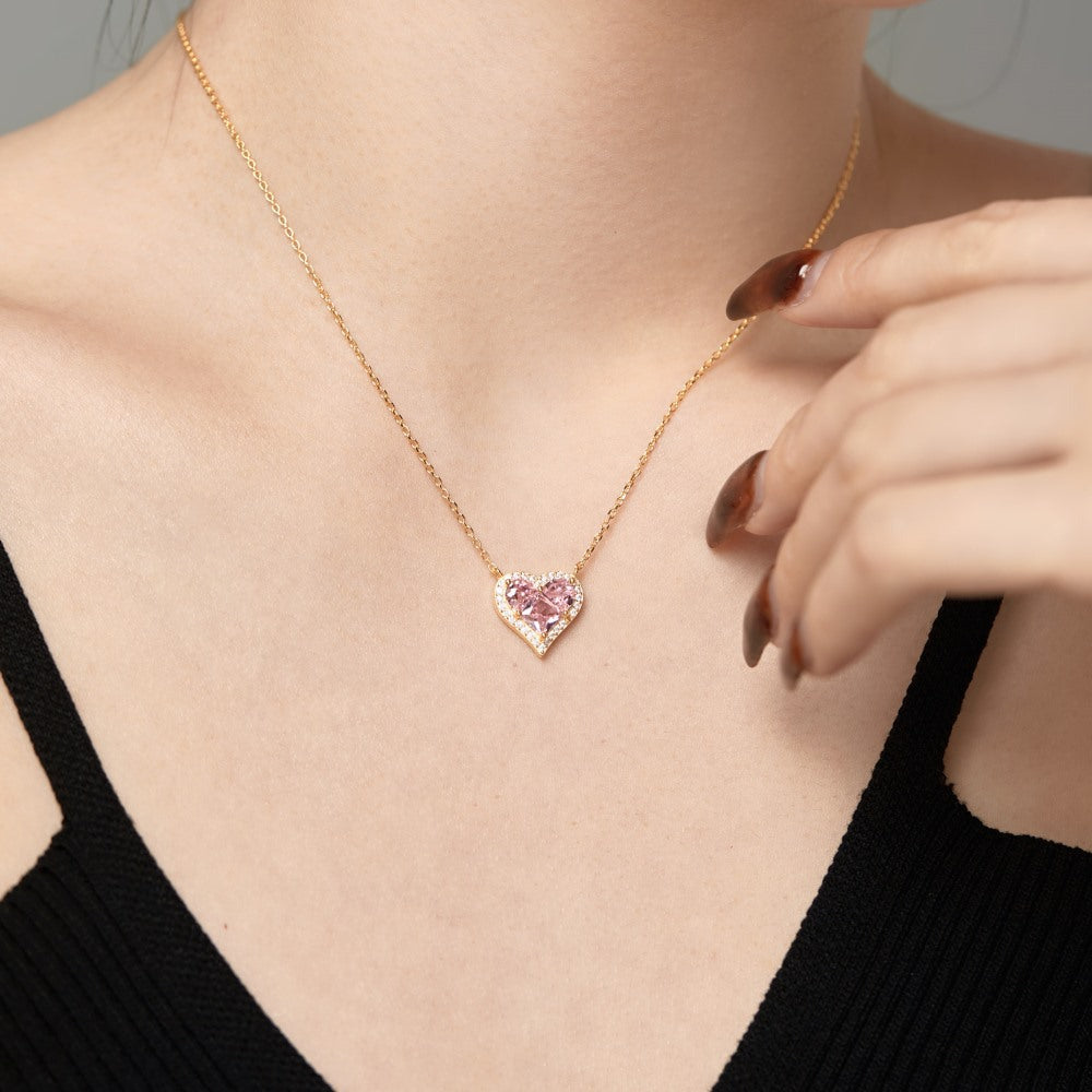 “Pink Prism Heart” S925 Sterling Silver Geometric Heart Zircon Jewelry Set (Necklace & Stud Earrings)