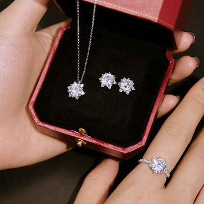 “Camellia Lumière” S925 Sterling Silver Pavé Camellia Jewelry Set (Necklace, Earrings & Ring)