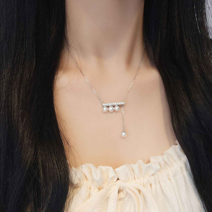 “Aurelia Line” S925 Sterling Silver Pearl Bar Adjustable Necklace