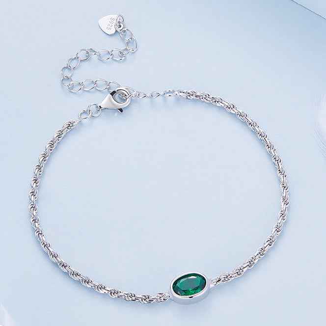 “Verdant Line” 925 Sterling Silver Green Zircon Chopin Chain Adjustable Bracelet