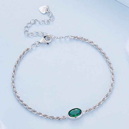 “Verdant Line” 925 Sterling Silver Green Zircon Chopin Chain Adjustable Bracelet