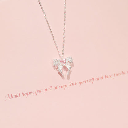 Lace Rosé Bow 925 Sterling Silver Pink Crystal Bow Necklace