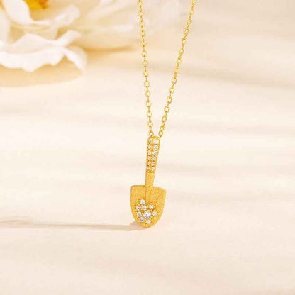 “Golden Fortune Shovel” S925 Sterling Silver Pavé Shovel Pendant Necklace