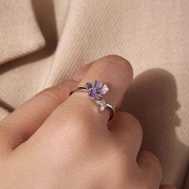“Lavender Flutter” 925 Sterling Silver Purple Butterfly Flower Adjustable Open Ring