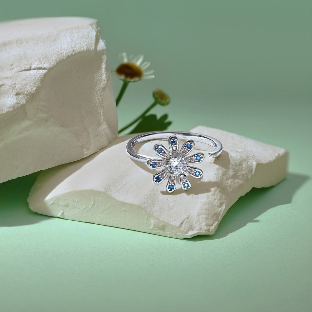 “Petal Spin” 925 Sterling Silver Rotating Flower Stress-Relief Ring