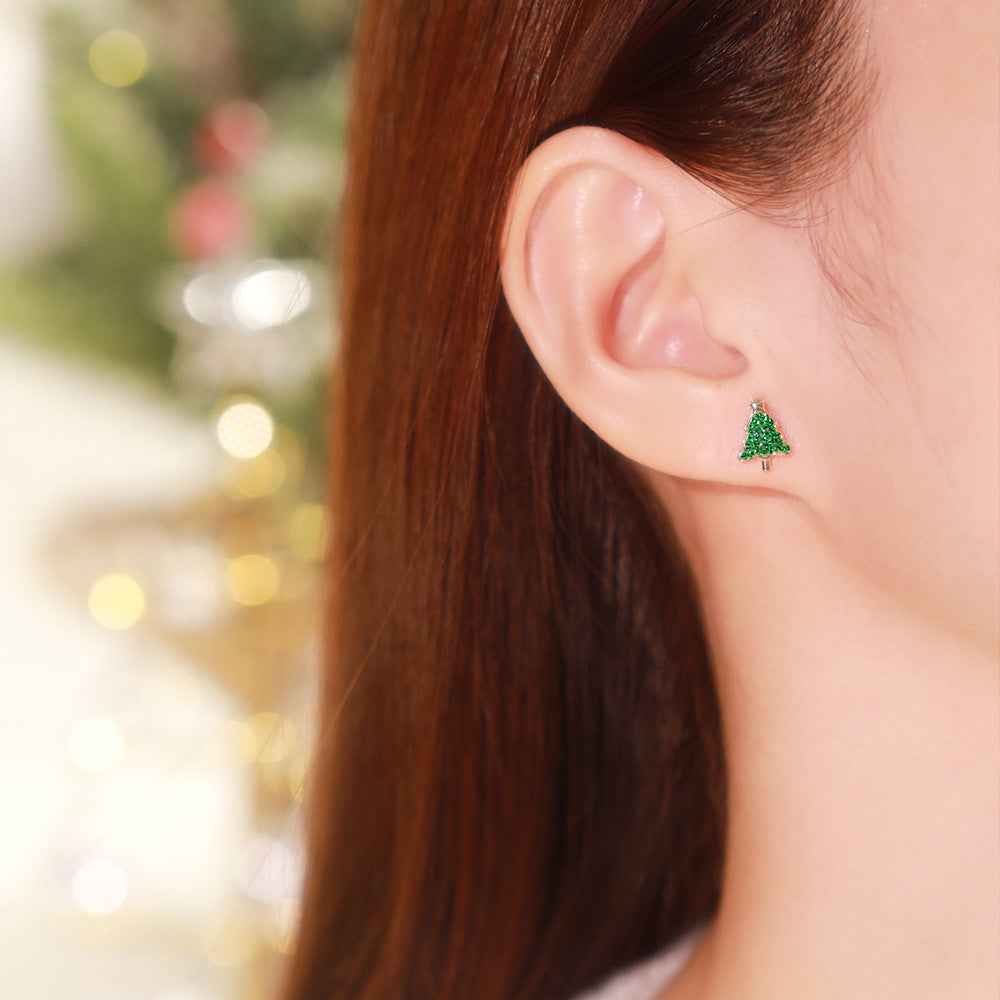 "Merry Duo" 925 Sterling Silver Christmas Tree & Gingerbread Asymmetric Stud Earrings