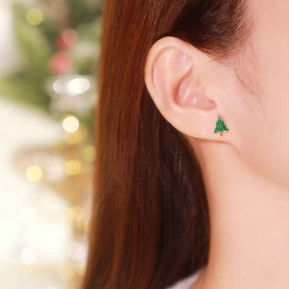 "Merry Duo" 925 Sterling Silver Christmas Tree & Gingerbread Asymmetric Stud Earrings
