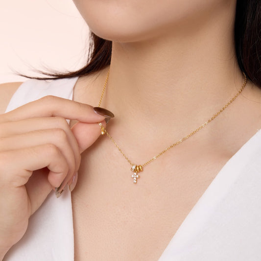 “Golden Faith Mark” 925 Sterling Silver 5A Cubic Zirconia Cross Necklace