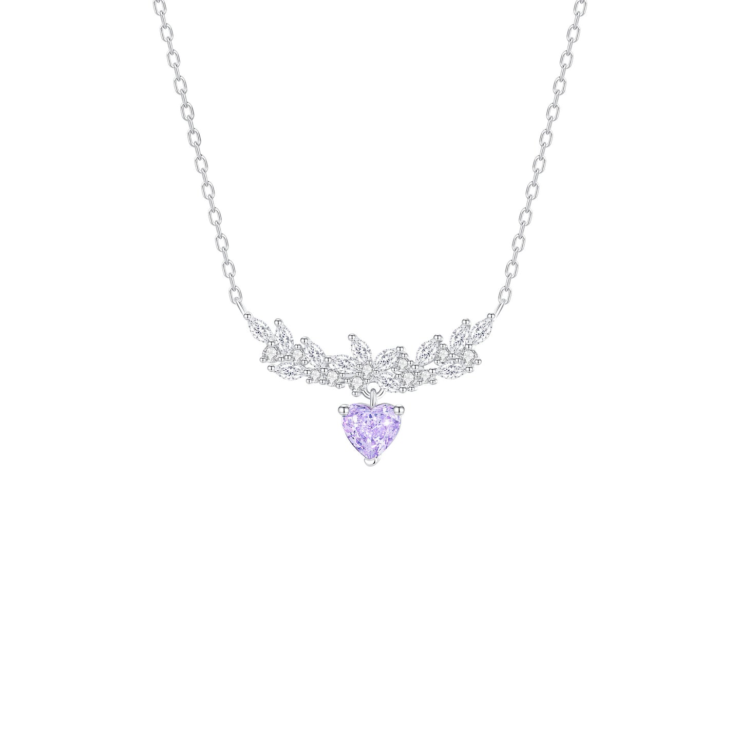 “Wisteria Grace” 925 Sterling Silver Iced-Cut Purple Heart Pendant Necklace
