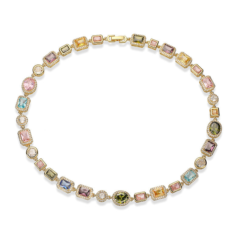 Imperial Mosaic Brass Genuine Gold-Plated 3A Multicolor Zircon Geometric Necklace & Bracelet Set
