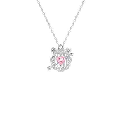 “Cupid’s Lyre” S925 Sterling Silver Pink Heart Necklace