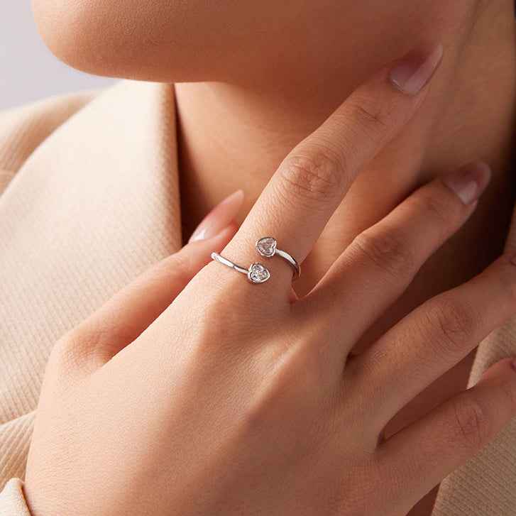 “Twin Heart Whisper” 925 Sterling Silver Adjustable Open Heart Ring