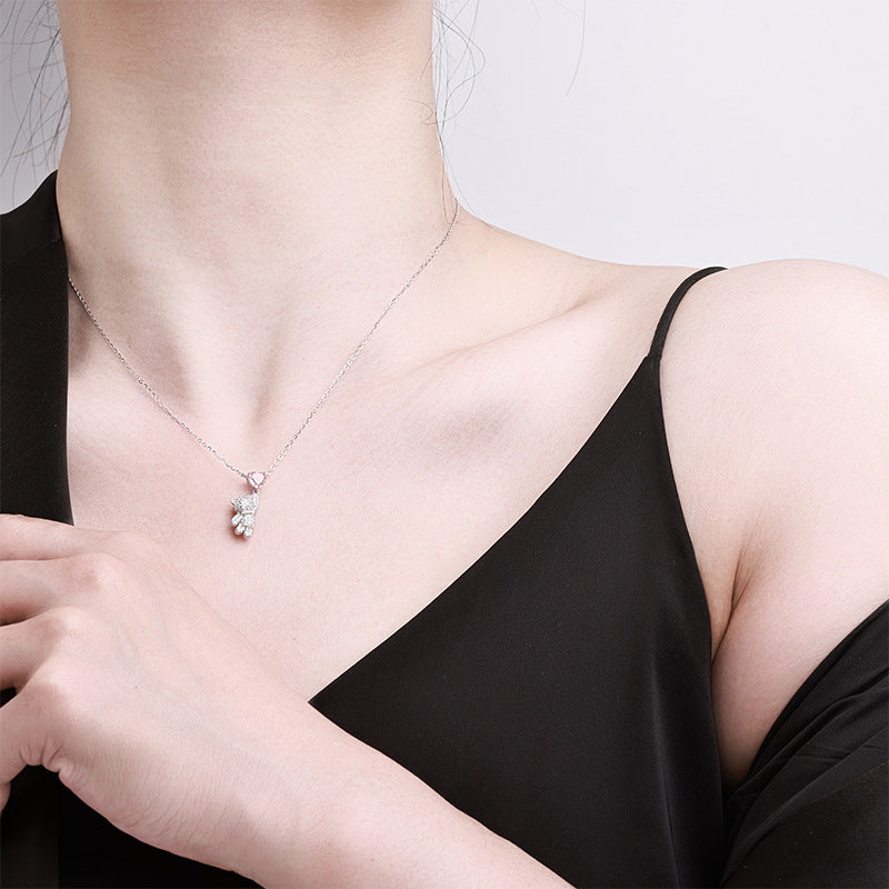 “Pink Guardian” 925 Sterling Silver Pink Heart Bear Necklace