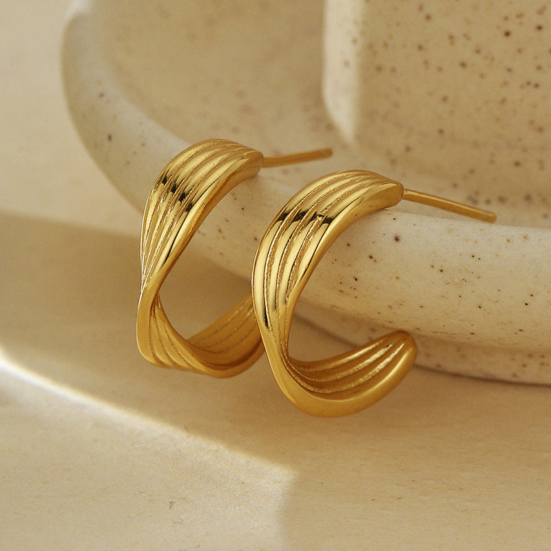 "Twist Line" 925 Sterling Silver Sculpted Hoop Earrings