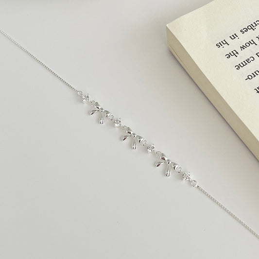 "Korean Bow" 925 Sterling Silver Bow Bracelet with Zircon – Sweet & Shimmering