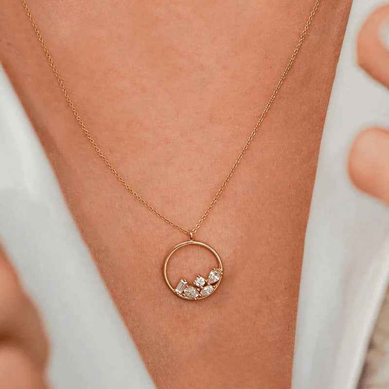 “Crystal Drift” S925 Sterling Silver Zircon Cluster Circle Necklace