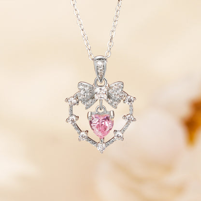 “Velour Knot” S925 Sterling Silver Pink Heart Bow Necklace