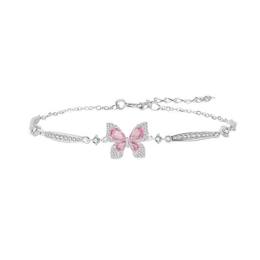 “Pink Flutter” S925 Sterling Silver Pavé Butterfly Bracelet