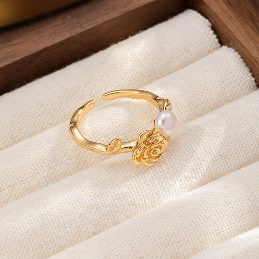 Vintage Rose Freshwater Pearl 18K Gold-Plated Open Ring