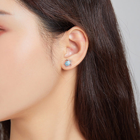 “Azure Turtle” S925 Sterling Silver Blue Enamel Sea Turtle Stud Earrings