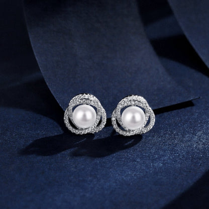 “Pearl Aurelia” 925 Sterling Silver Pearl & Pavé Floral Stud Earrings