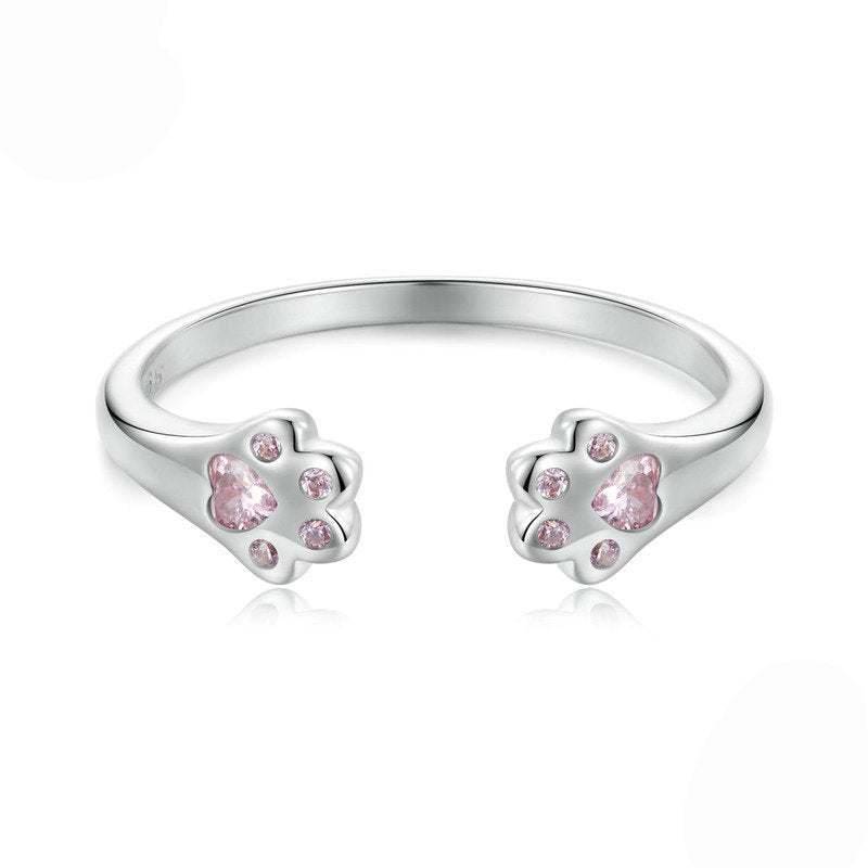 “Pink Paw Charm” S925 Sterling Silver Pink Paw Open Ring