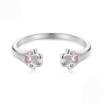 “Pink Paw Charm” S925 Sterling Silver Pink Paw Open Ring