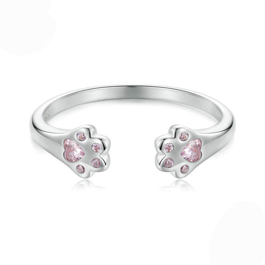“Pink Paw Charm” S925 Sterling Silver Pink Paw Open Ring