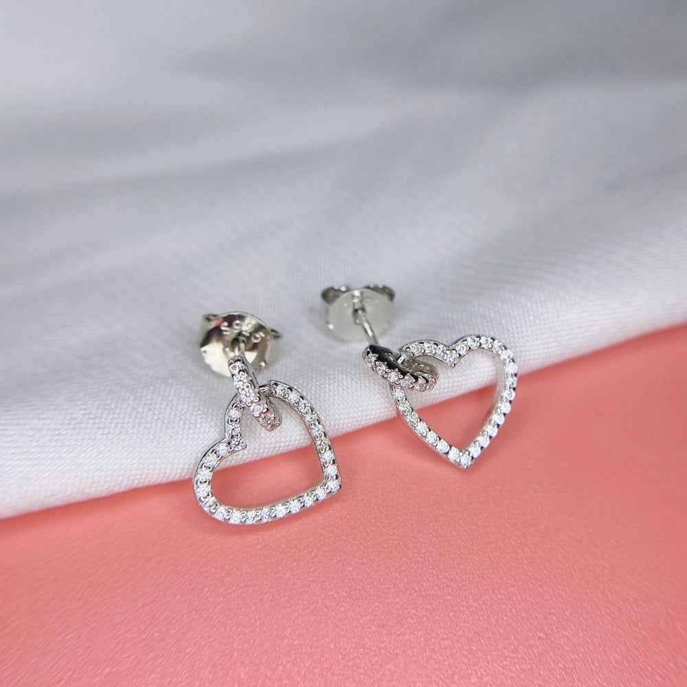 “Lovette Halo” S925 Sterling Silver Pavé Heart Stud Earrings
