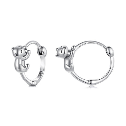 "Lazy Cat Hug" 925 Sterling Silver Cat Hoop Earrings – Playful & Adorable